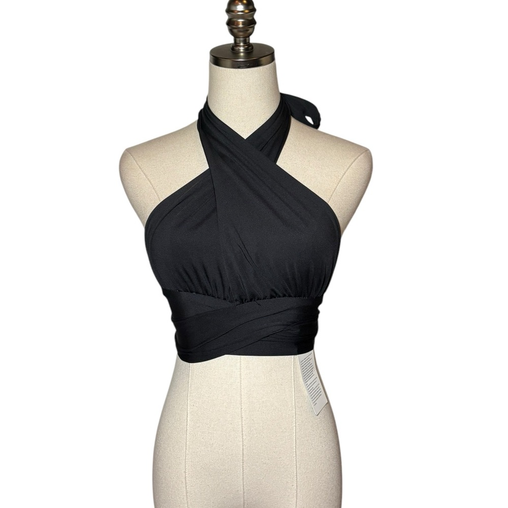 NEW Wynnque Black Halter Wrap Blouse Top Stretchy L